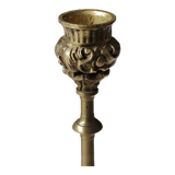 Baroque/Antique style torch candleholder, nineteenth, gilded bronze. Head motifs, volute arabesques