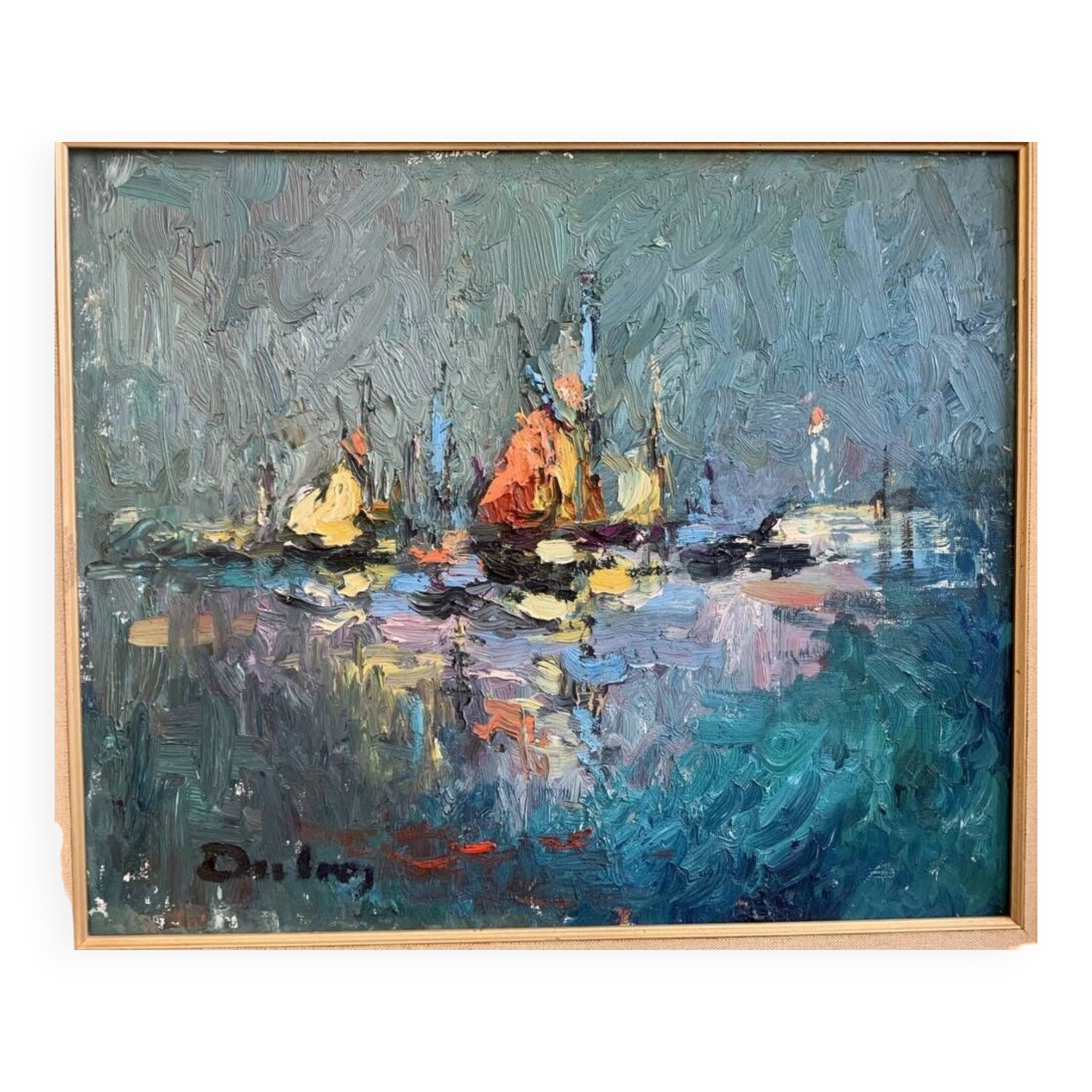 Oil on panel Arcachon Bay Cap Ferret Lighthouse 1970 signed J.Dubroc