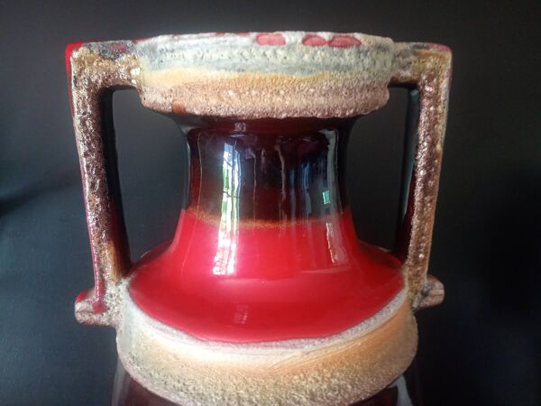 Grand vase balustre double anse - céramique émaillé rouge brun ''lava