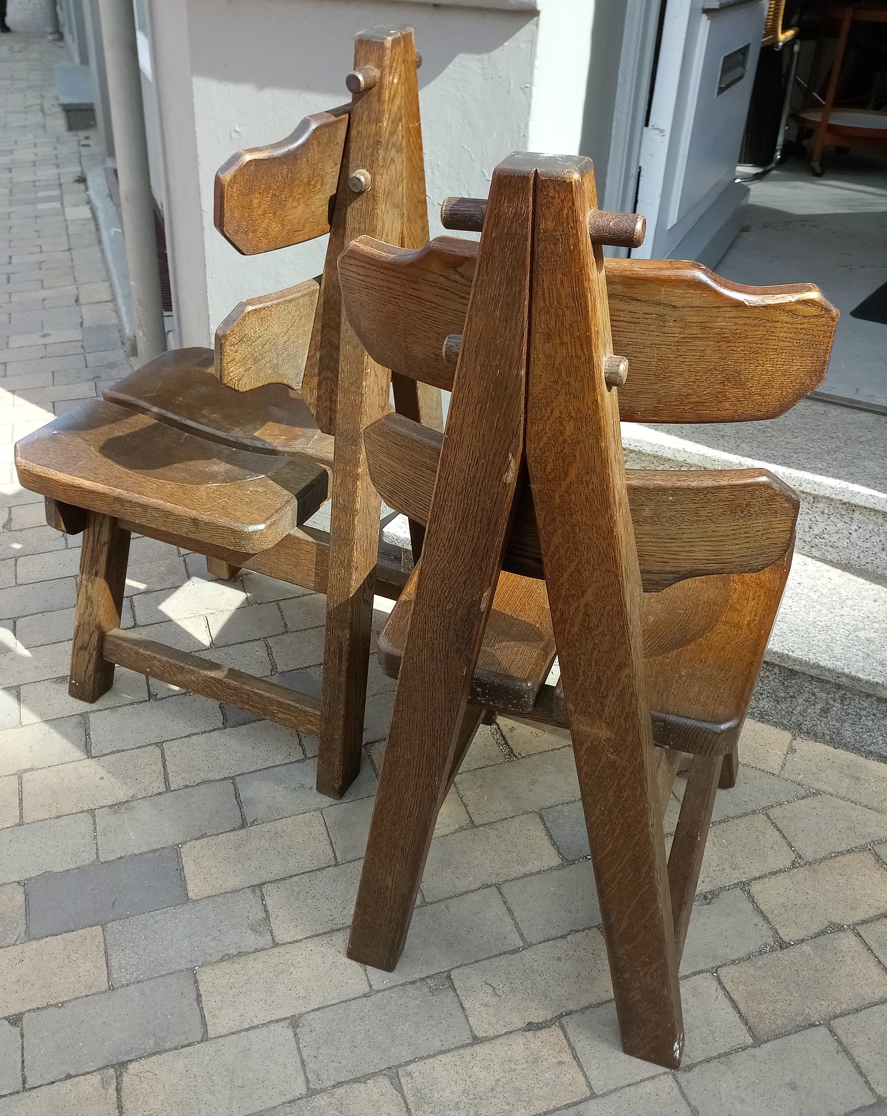 Spanish Brutalist Solid Oak Chairs, 1970s, Set of 2
