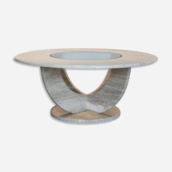 Table basse ronde travertin et vitre, Italie, 1970.