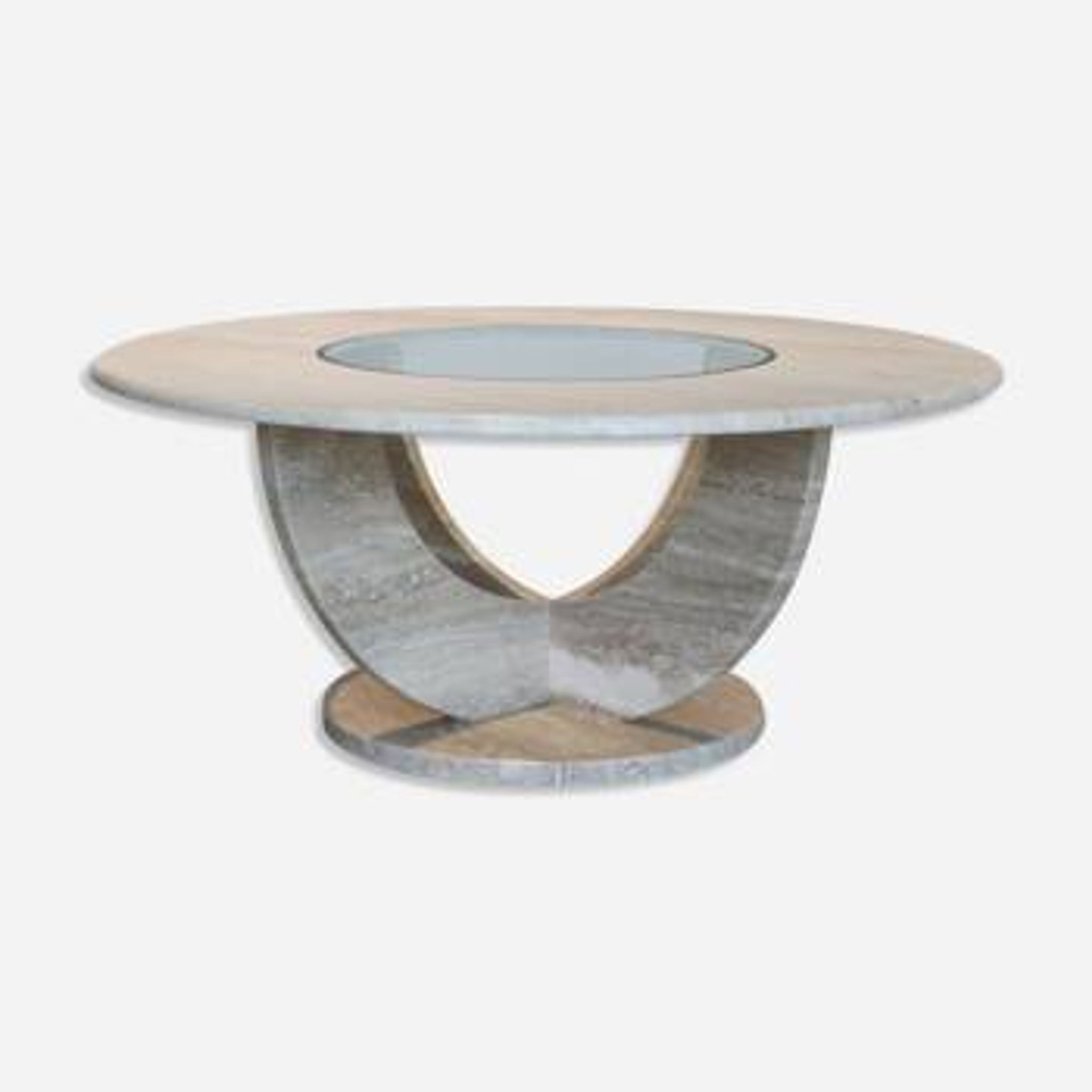 Table basse ronde travertin et vitre, Italie, 1970.