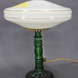 Lampe de table en verre restaurée des années 1940 avec abat-jour en verre