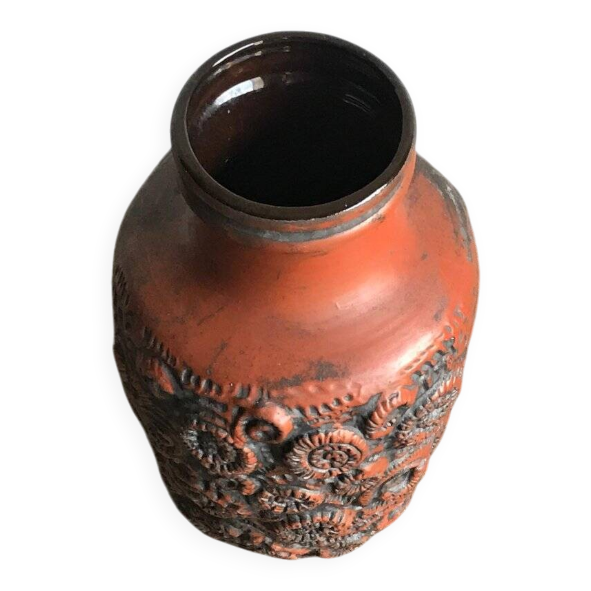 Large brown ceramic vase Carstens Tonnieshof (W. Germany) from the 1960s, with relief decoration.