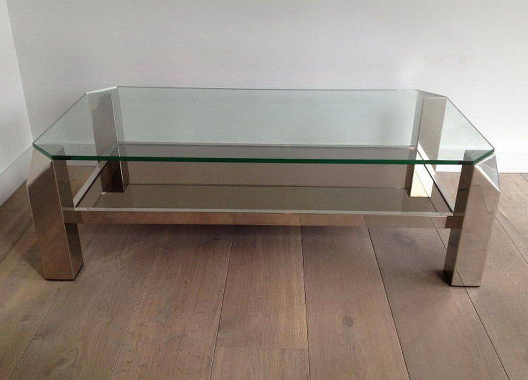 Chrome octagonal designer coffee table with glass and mirror tops