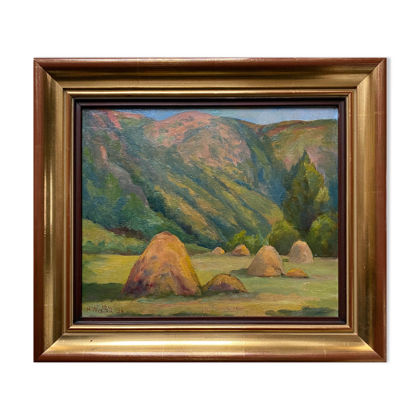 Oil painting on wood panel dated 1936