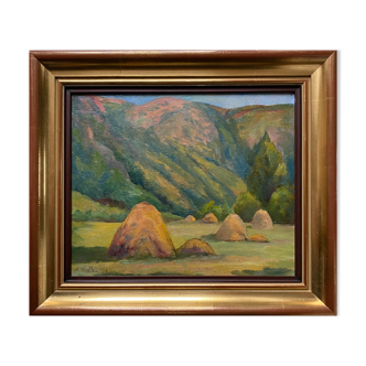 Oil painting on wood panel dated 1936