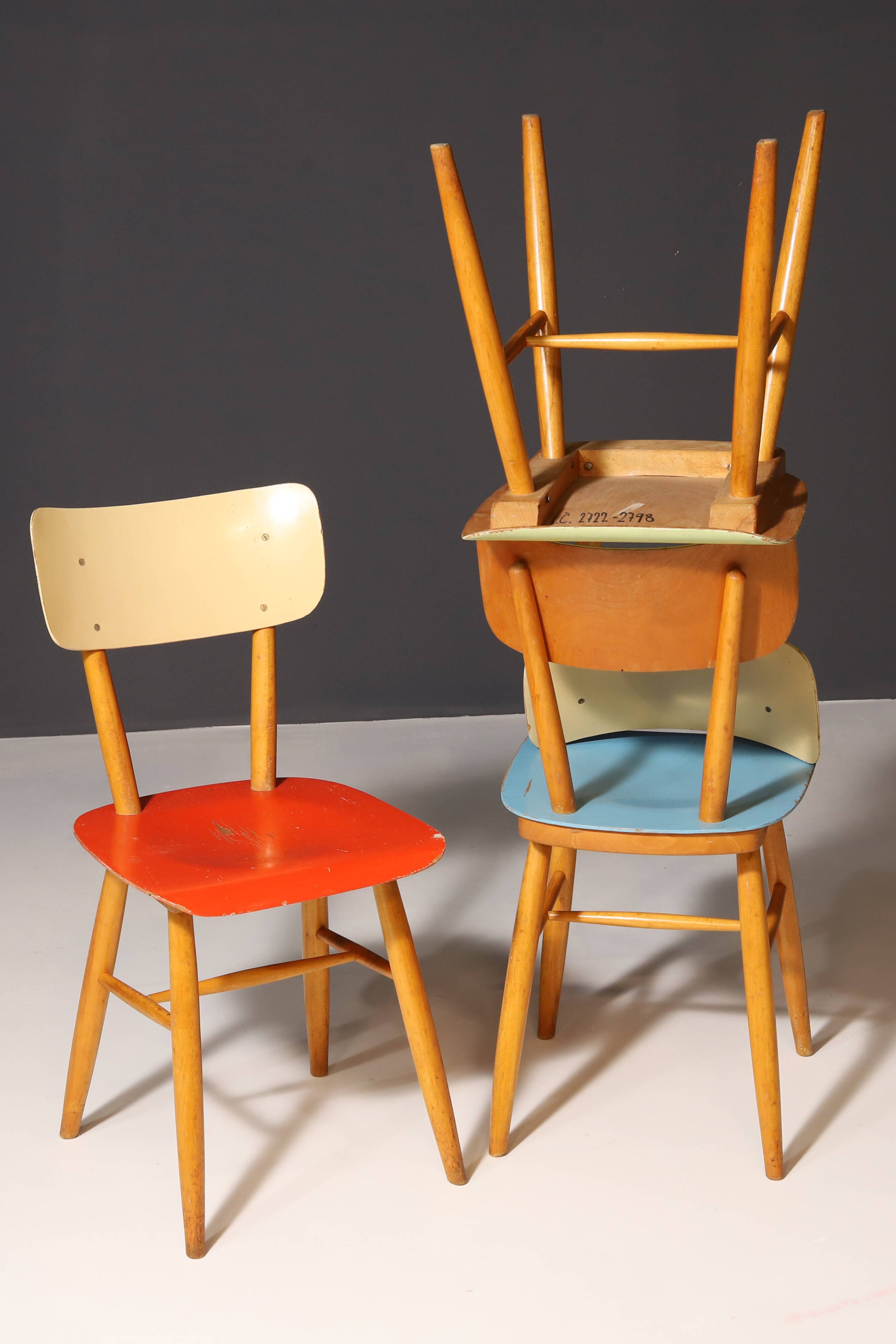 Mid century color dining chairs  1960´s, Czechoslovakia, set of 18