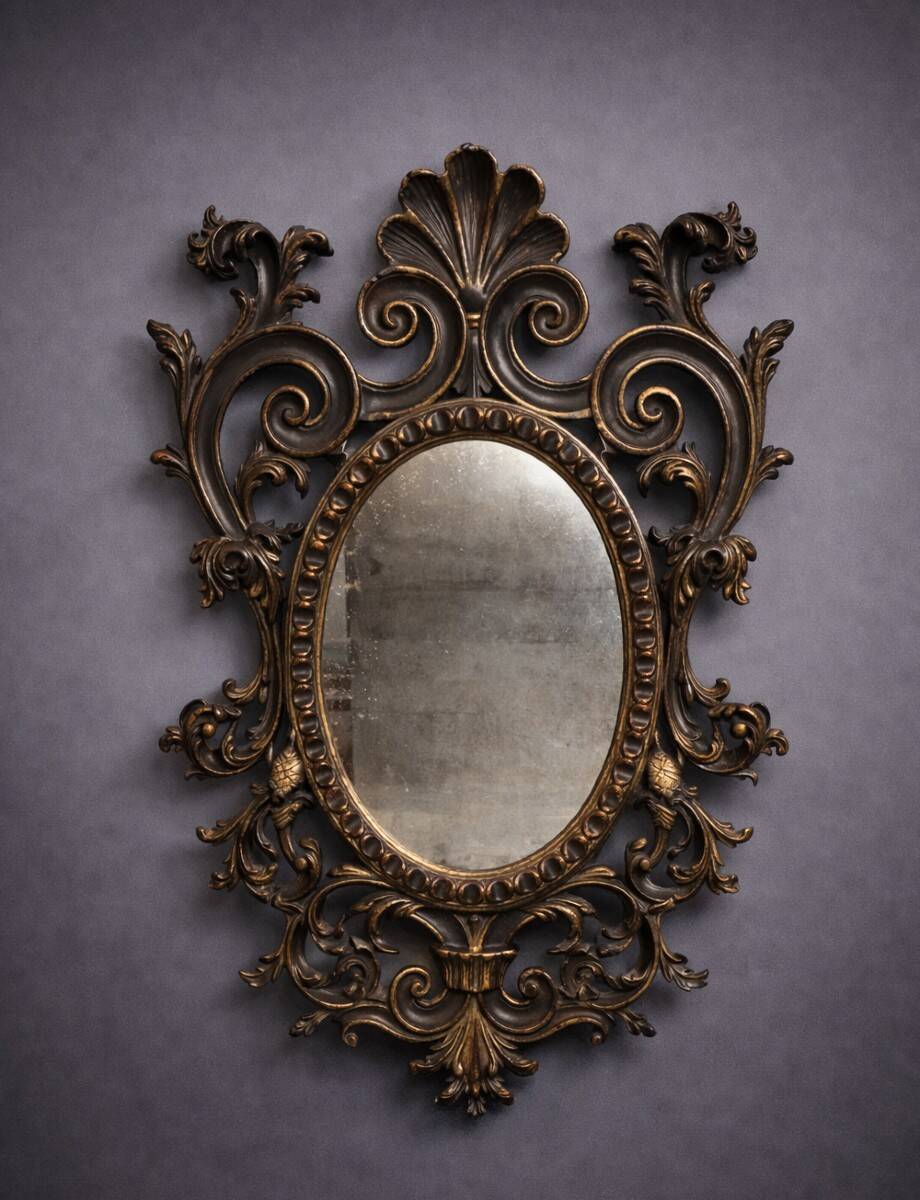 Antique Louis XV style mirror, richly carved with decorations of scrolls, shells, and foliage.