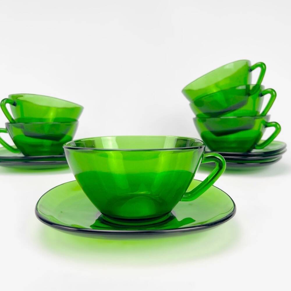 6 Large Vereco cups and saucers emerald green 70s