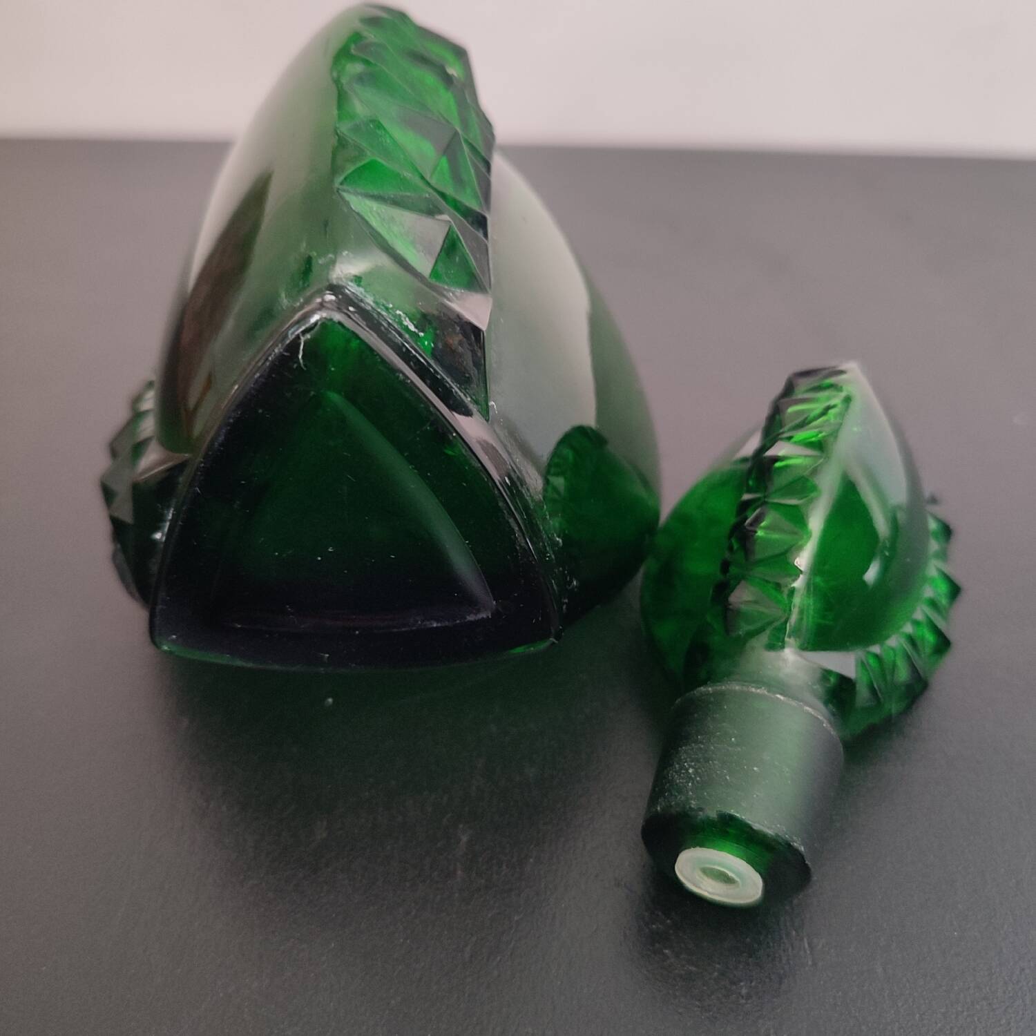 Vintage green carafe in chiseled glass