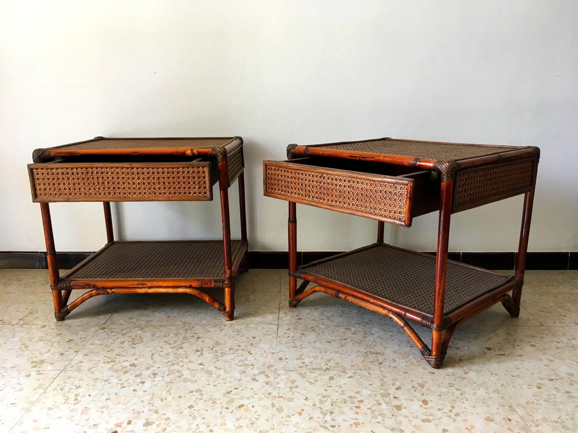 2 vintage rattan bedside tables 70's