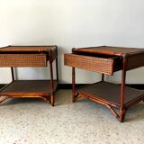 2 vintage rattan bedside tables 70's