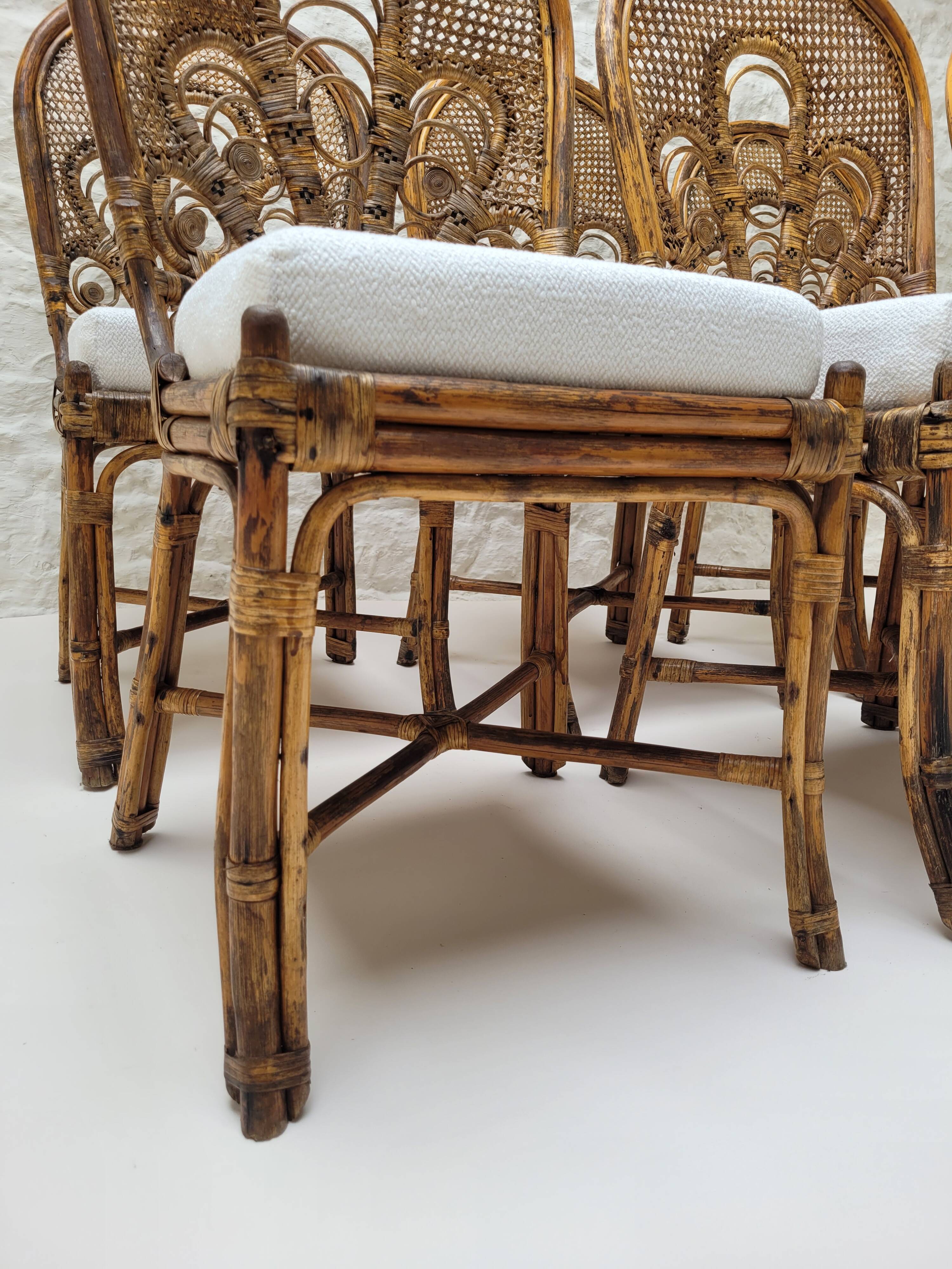 6 Vintage Emmanuelle Peacock Rattan Chairs