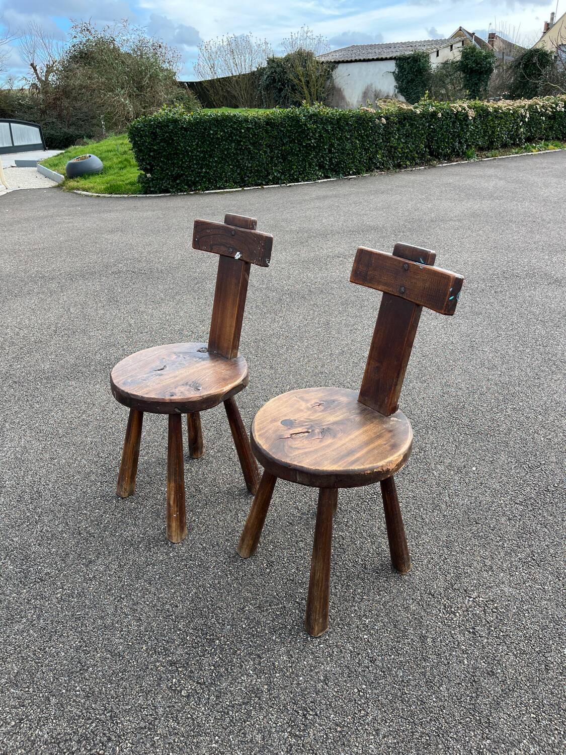 Pair of vintage Aranjou brutalist chairs in solid wood