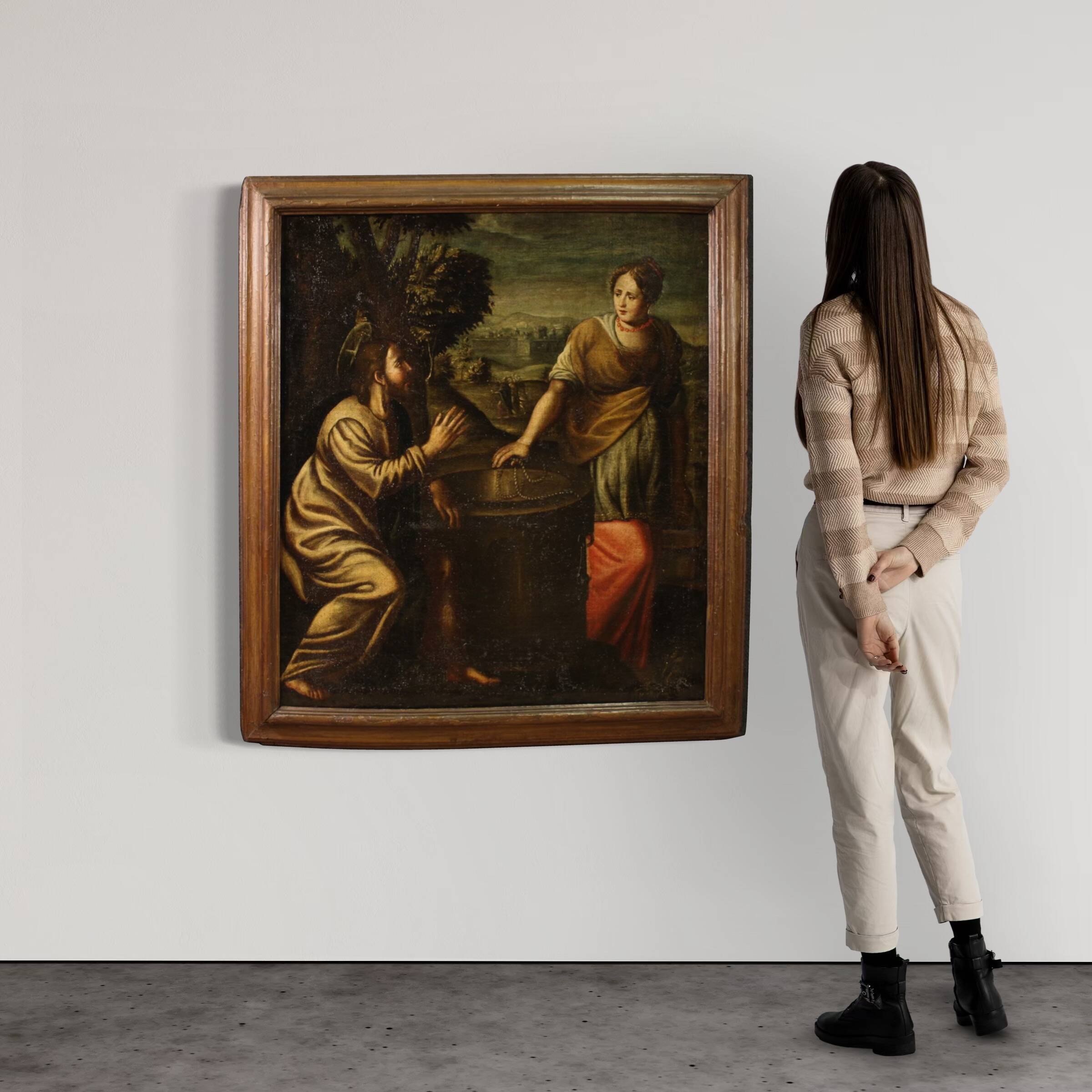 Peinture italienne antique Le Christ et la Samaritaine au puits
