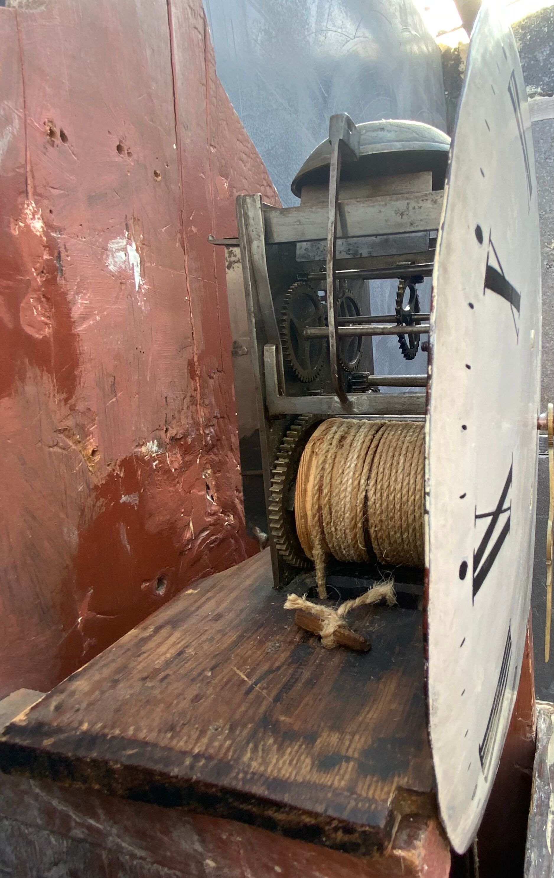 Antique mora clock long case, mint colour wood case 1800s