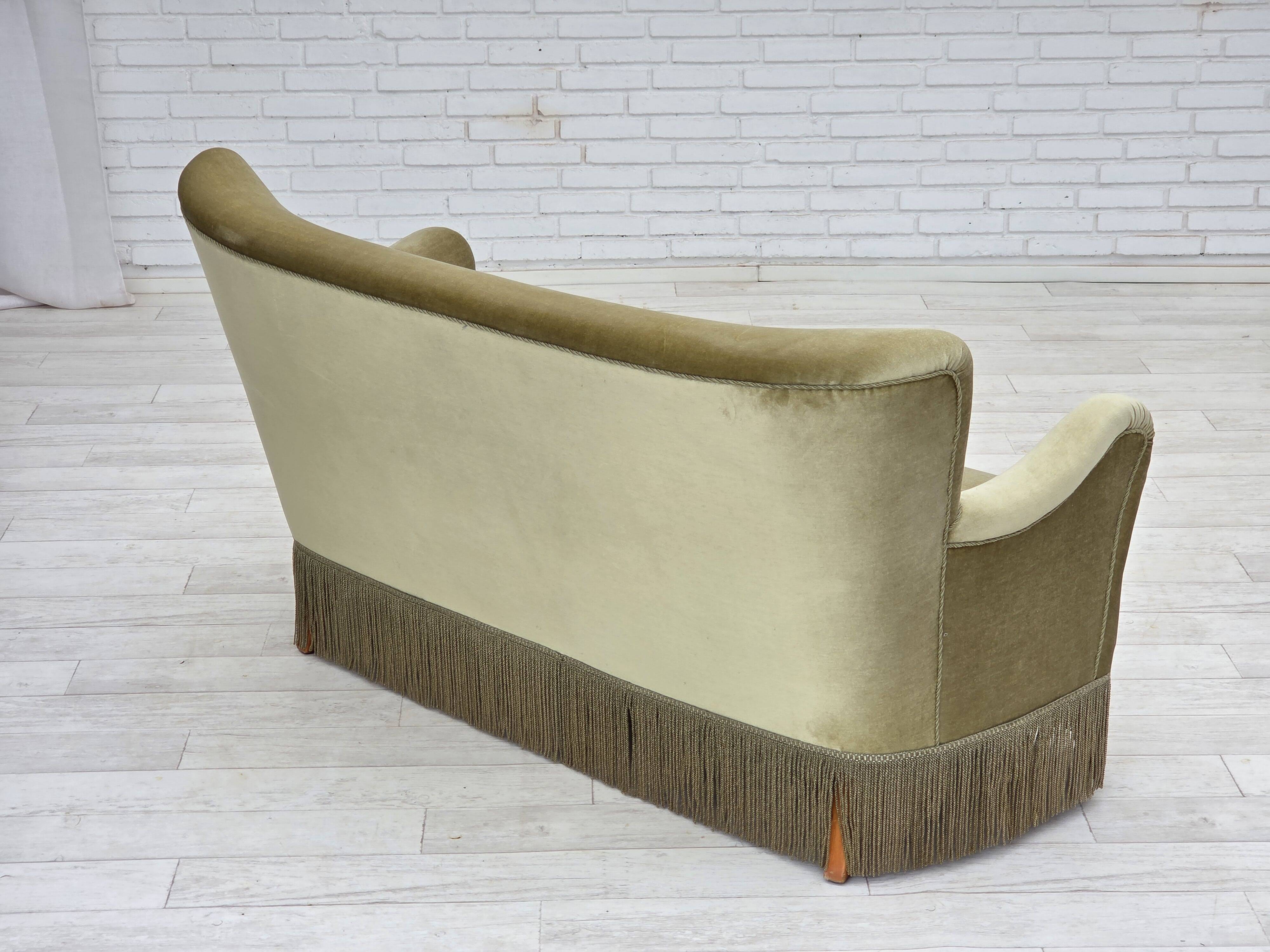 1960s, Danish 2-seater sofa, green furniture velour, beech wood legs.