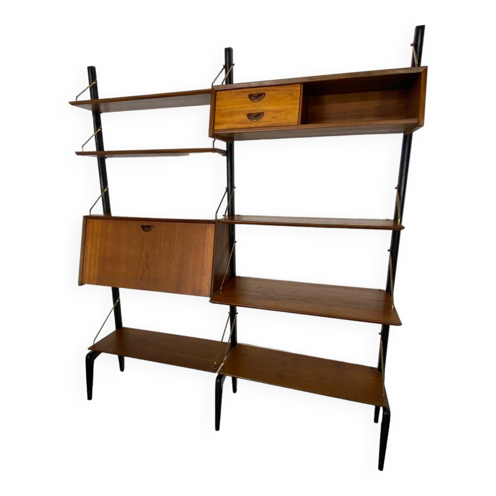 Mid-Century Danish Style Teak and Brass Wall System Unit by Louis Van Teeffelen for Wébé, 1950s