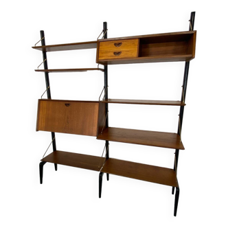 Mid-Century Danish Style Teak and Brass Wall System Unit by Louis Van Teeffelen for Wébé, 1950s