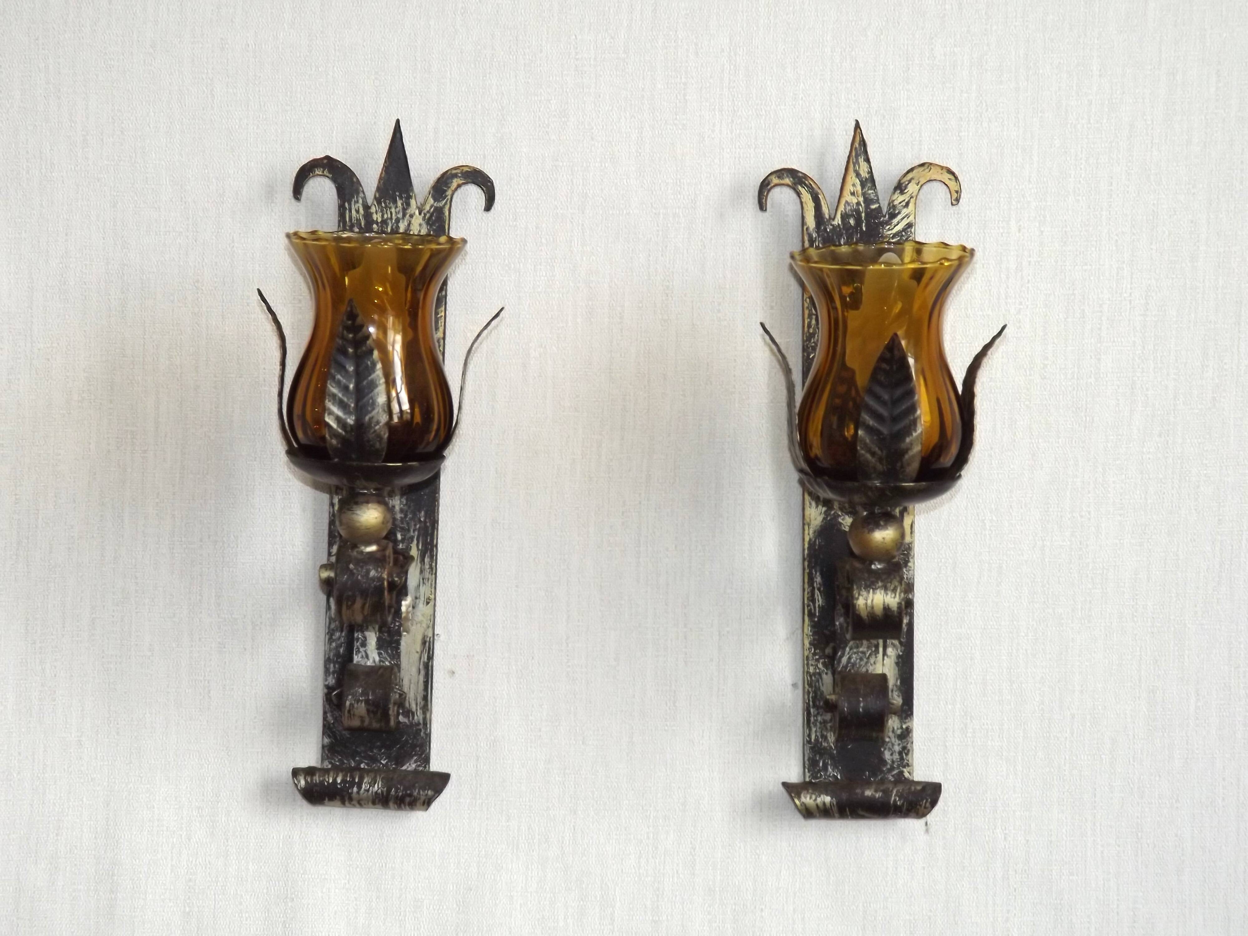 Pair Hand Forged Wrought Iron Medieval Style Wall Lights Amber Glass Shades