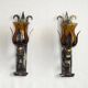 Pair Hand Forged Wrought Iron Medieval Style Wall Lights Amber Glass Shades