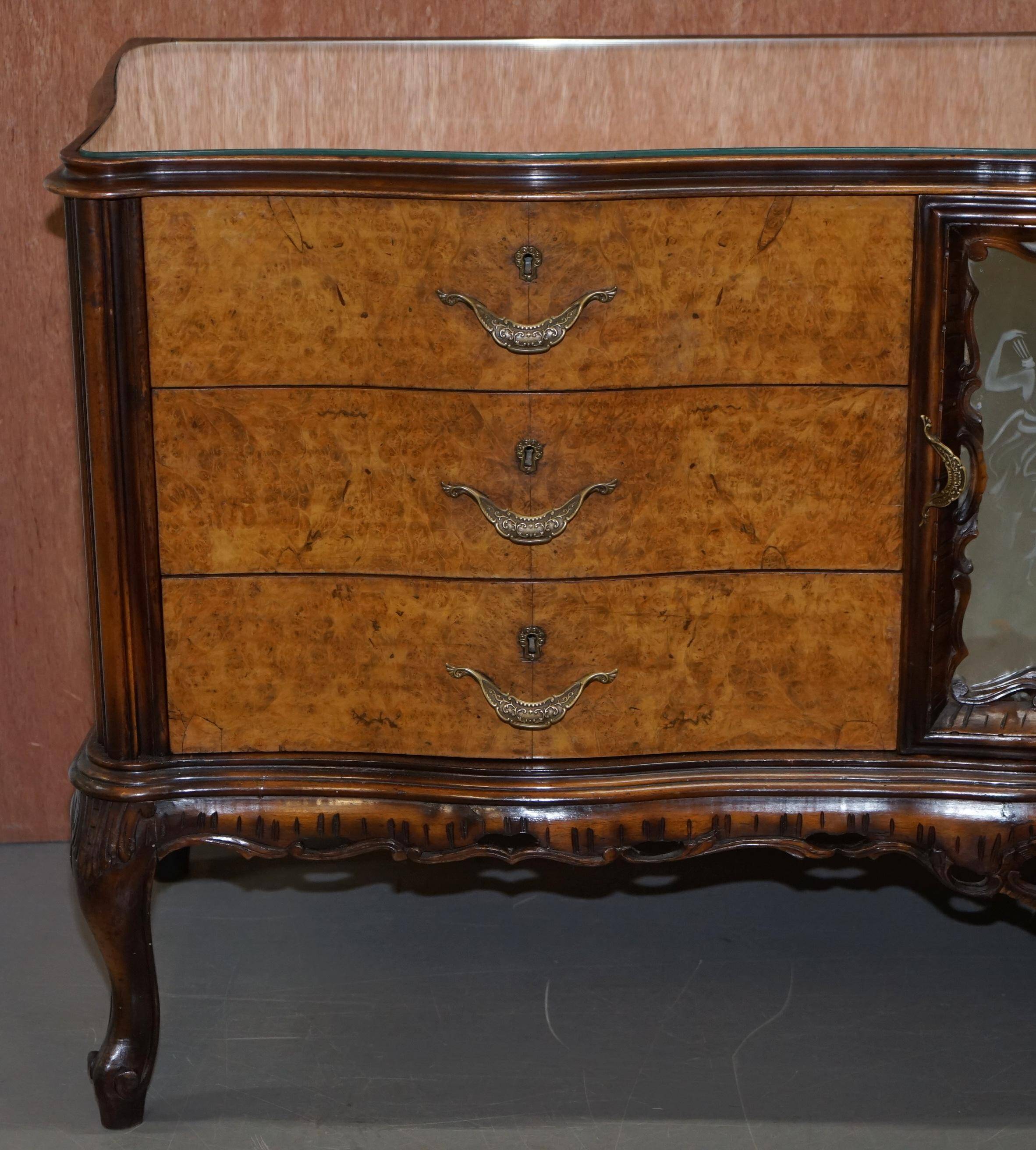 Vintage Italian Buffet in Walnut with Serpentine Front and Mirror Top