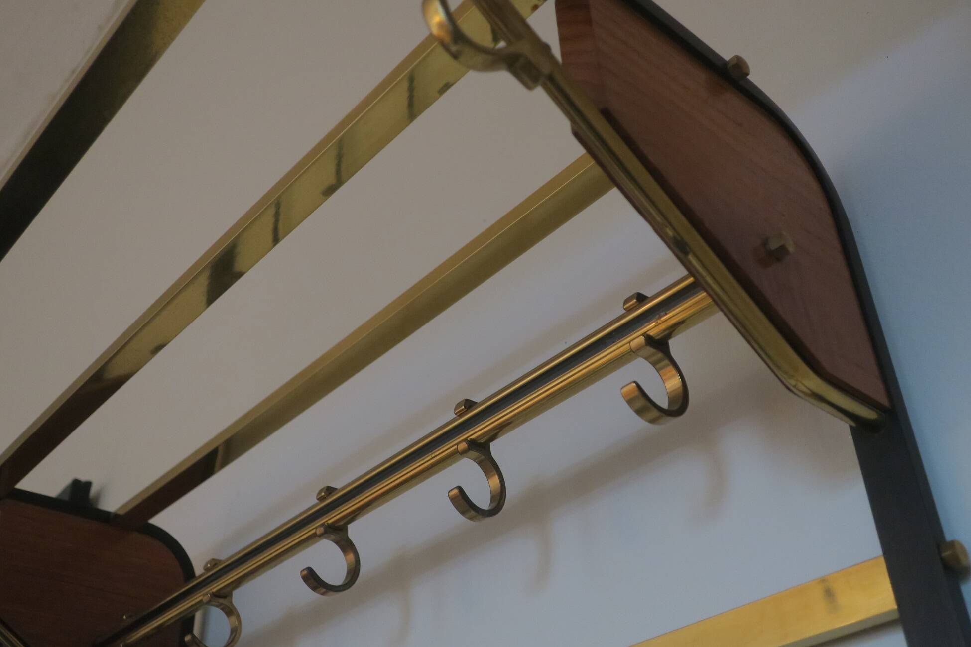 Mid-century brass and teak wall coat rack, 1960s