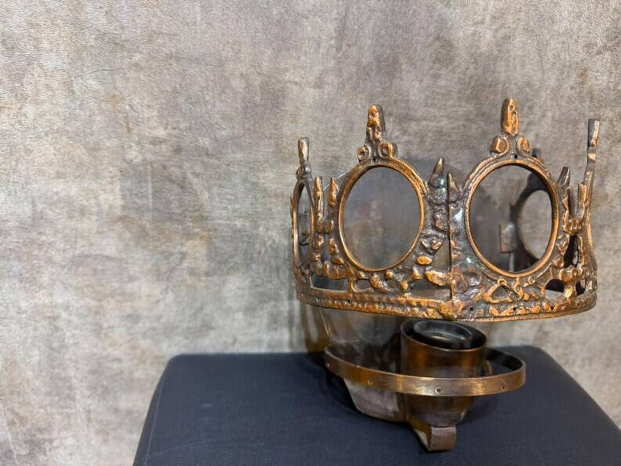 1970s Gothic Revival Crown Wall Sconce, Ornate Vintage Metal Lighting