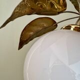 Vintage lamp with leaves in gilded brass and white opaline globe