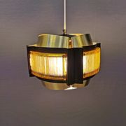 Danish hanging lamp, made in brass colored and brown metal, with yellowish hard pressed plastic deta