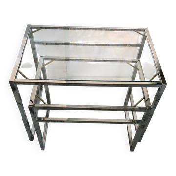 Nested tables in chrome metal and glass, Italy circa 1970.
