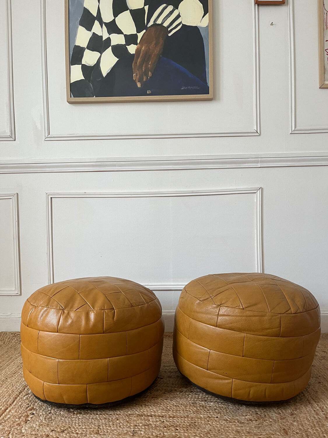 Vintage 70s patchwork leather poufs