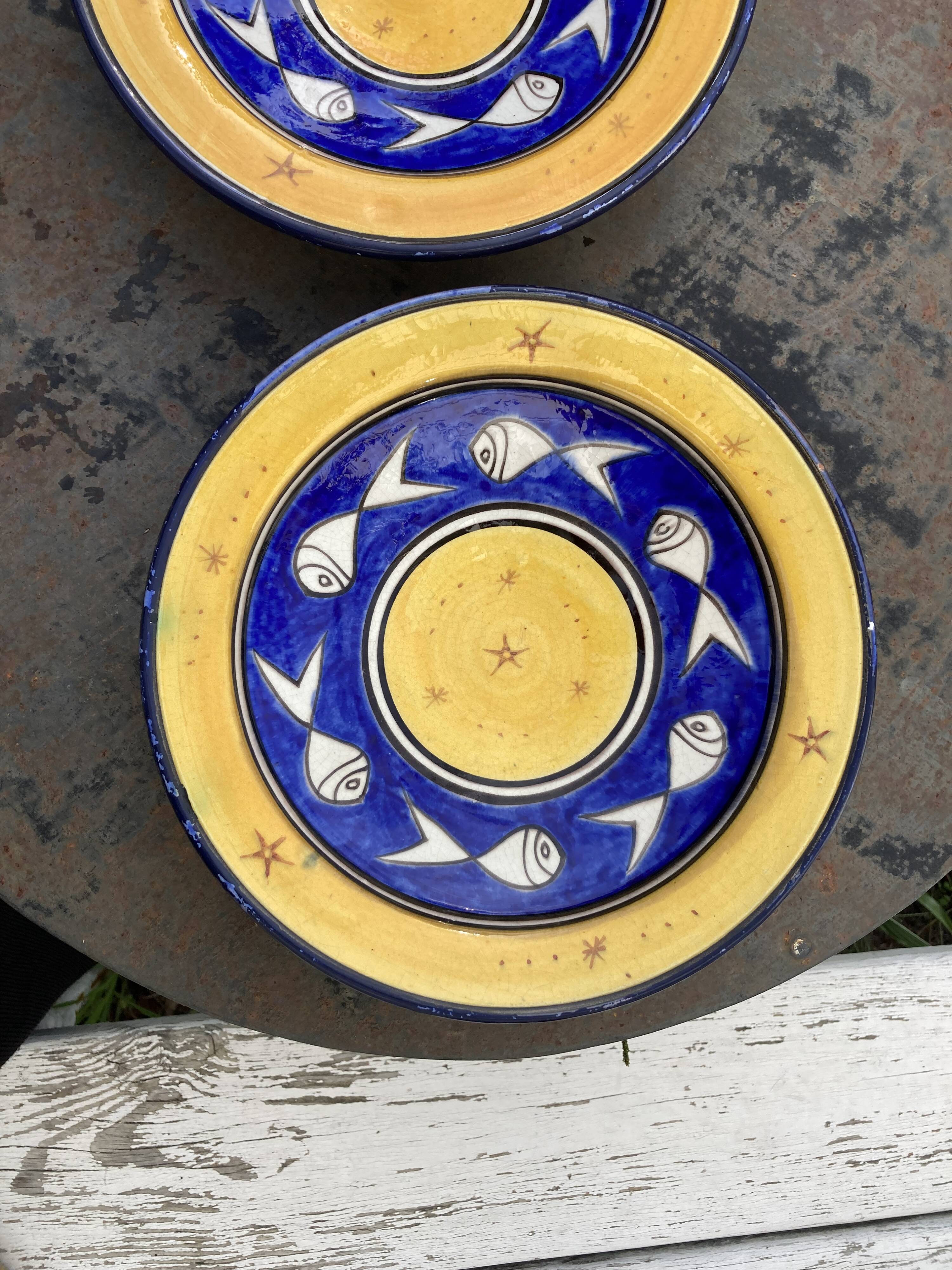 Pair of dishes Safi Dmani ethnic ceramic fish yellow and blue - vintage pottery