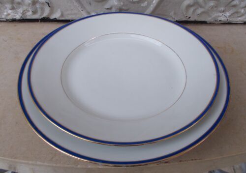 2 round dishes Limoges porcelain blue and gold border