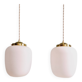 Pair of Scandinavian pendant lights in white satin glass, 1960s
