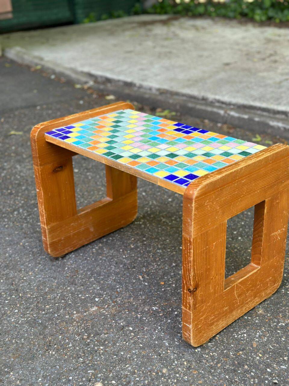 Vintage wooden and mosaic stool bench from the 1960s.