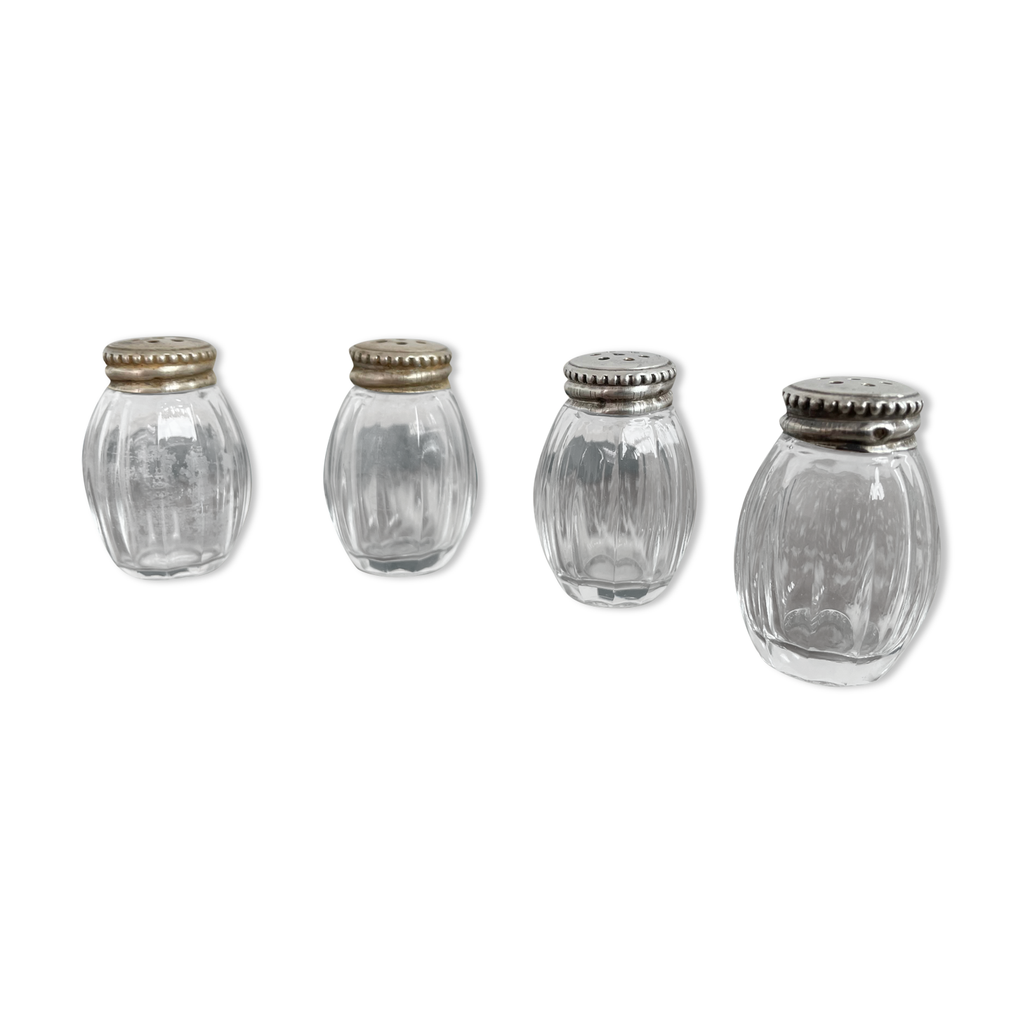 Set of 4 salerons, Christofle goldsmithery, solid silver, pressed molded glass