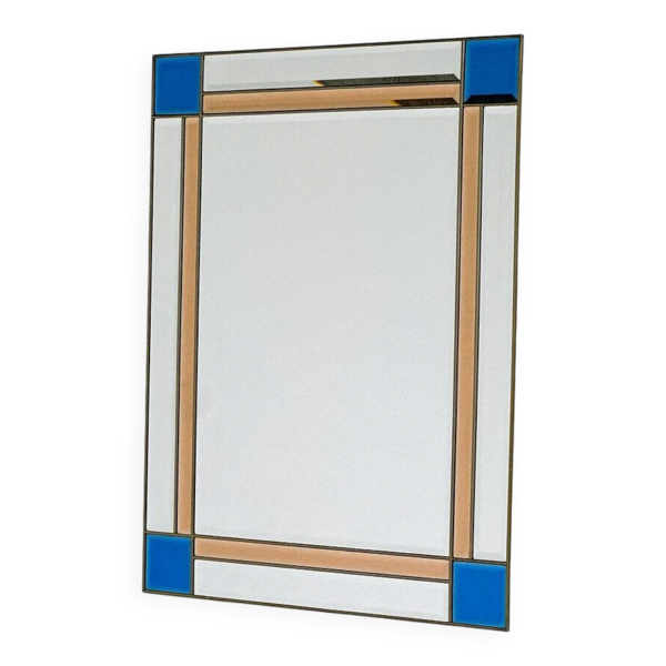 Miroir biseauté en laiton italien vintage rare, de couleur bleue et pêche, des années 1980.