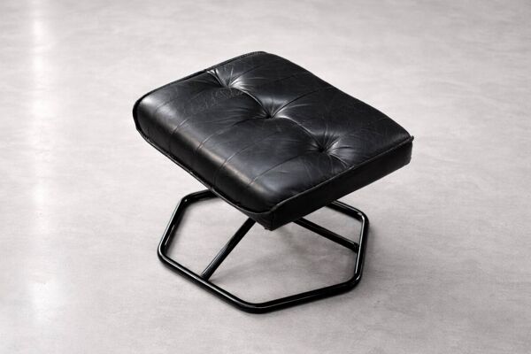 Vintage Mid-Century Danish Modern Black Leather Swivel Chair & Ottoman