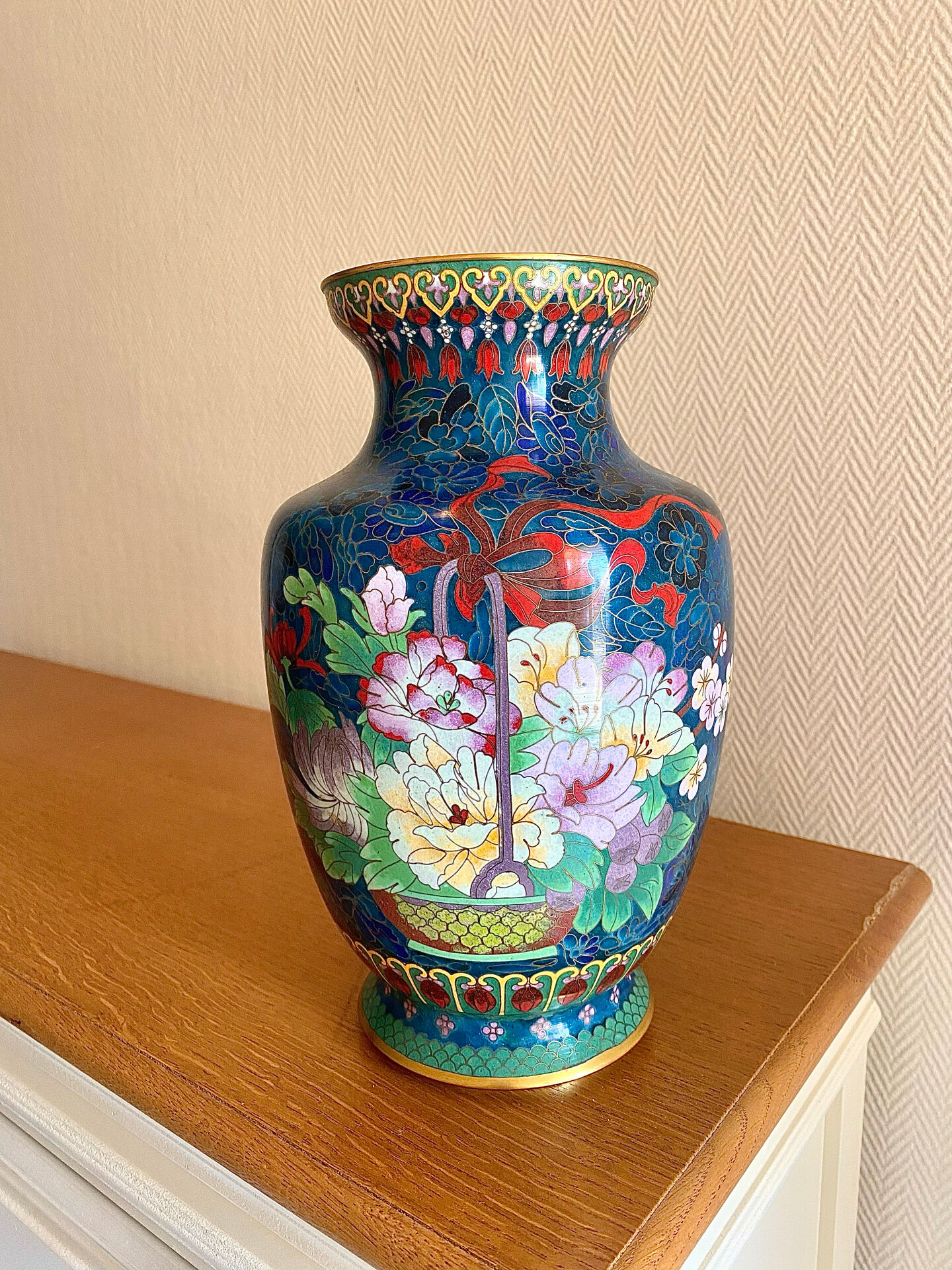 Large Asian cloisonné brass vase