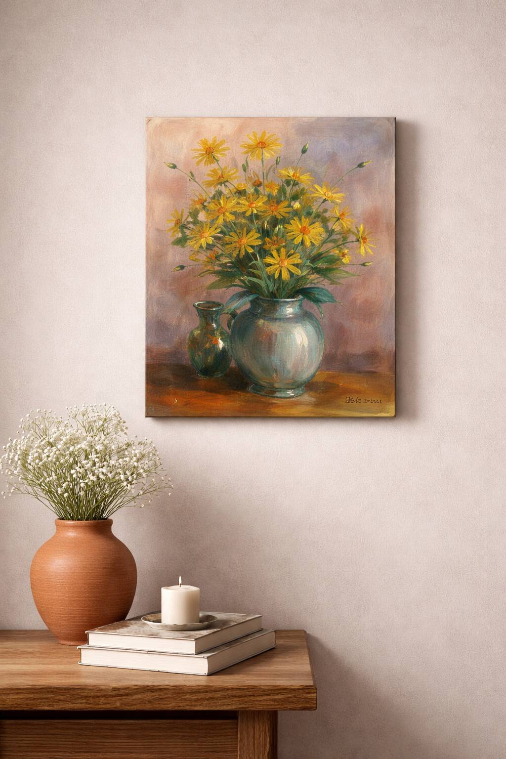 Still life with yellow flowers – oil on canvas signed H. Schramm – 46 x 3