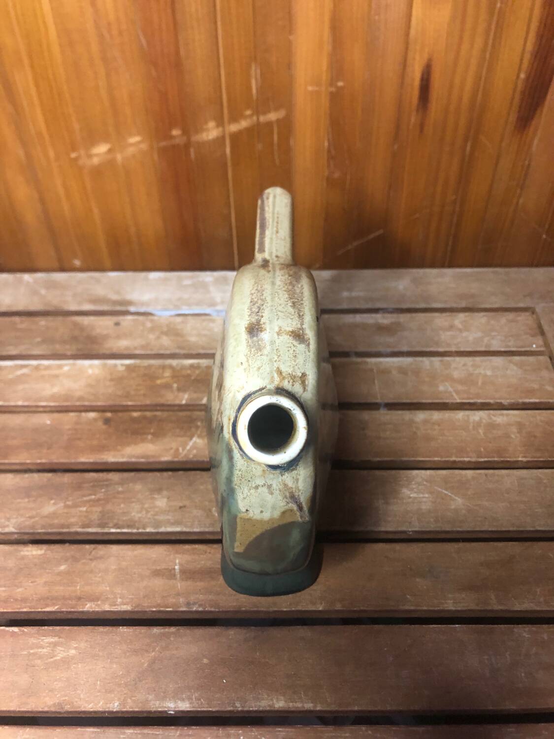Old beige & green ceramic bottle + vintage handle