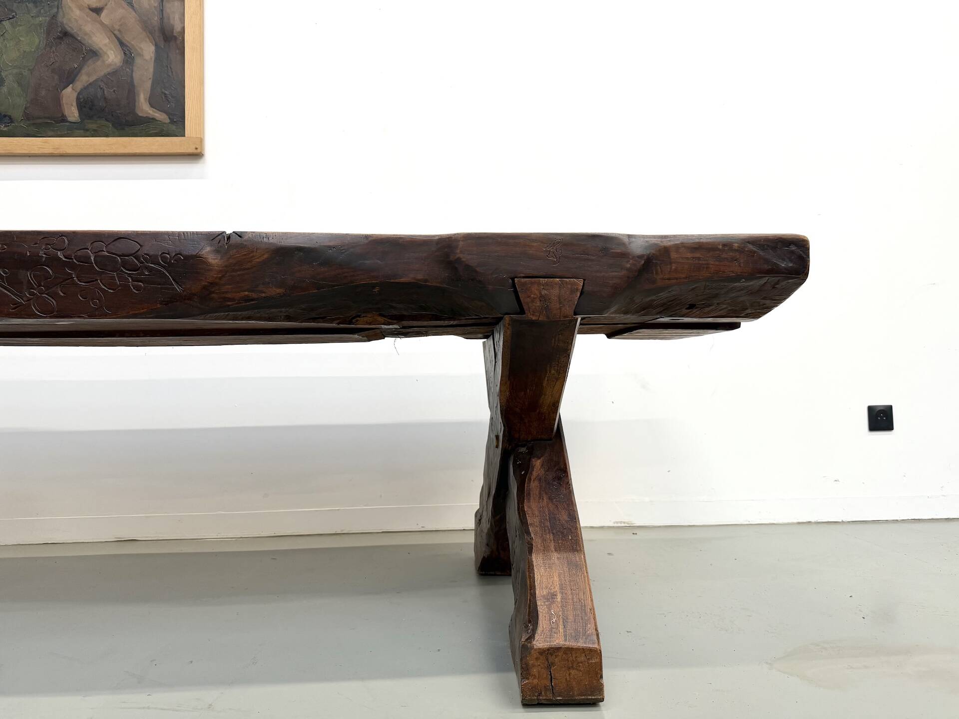 Table Brutaliste en Chêne Massif, Art Populaire (Vers 1900)