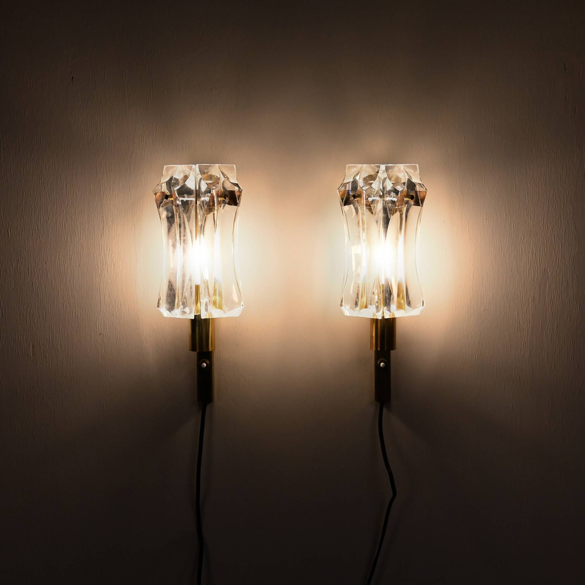 Set of vintage Danish Modern Brass and Glass Wall Sconces, 1970's