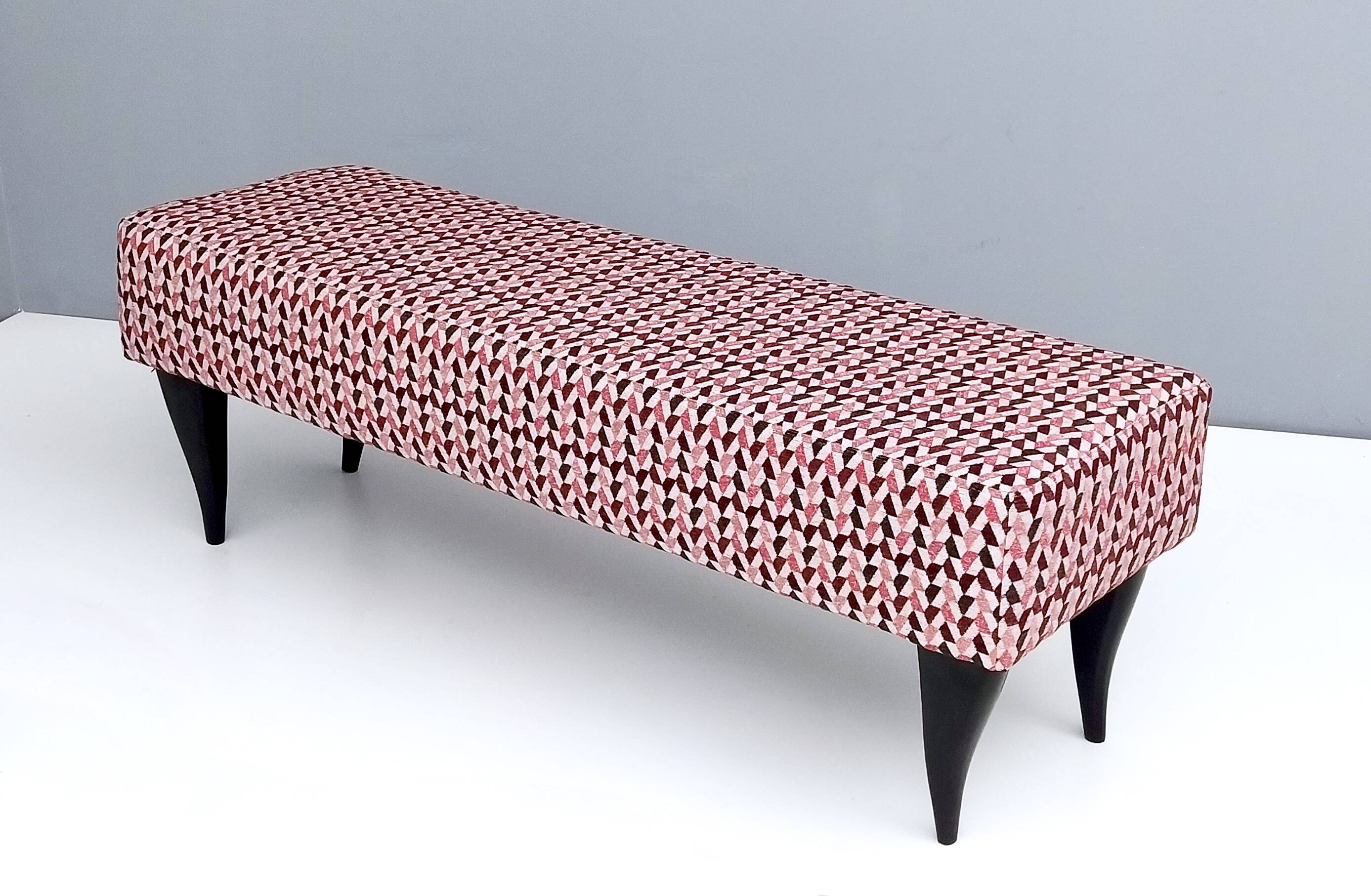 Pair of Benches with Red Patterned Fabric Upholstery, Italy