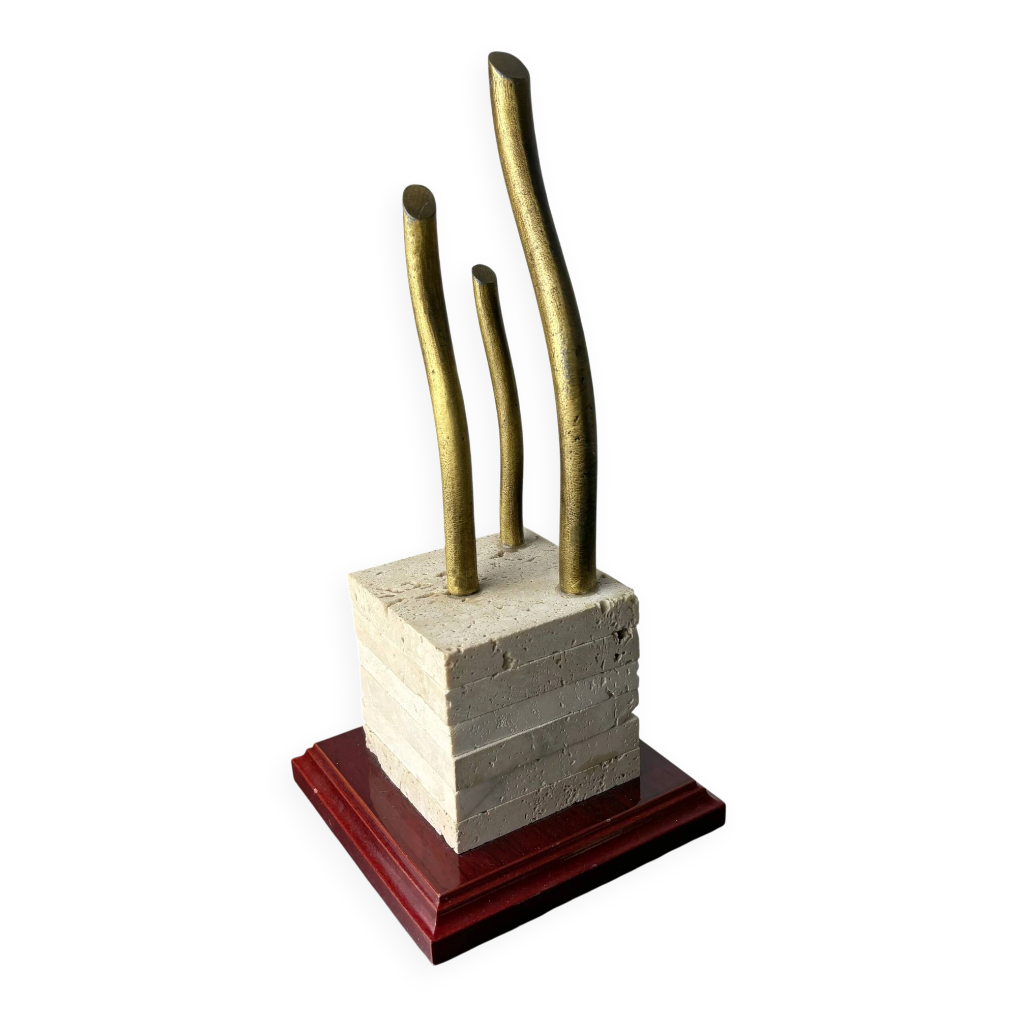 Serre-livres sculpture brutaliste en travertin, bois et bronze, Espagne années 1970