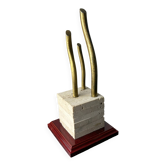 Serre-livres sculpture brutaliste en travertin, bois et bronze, Espagne années 1970