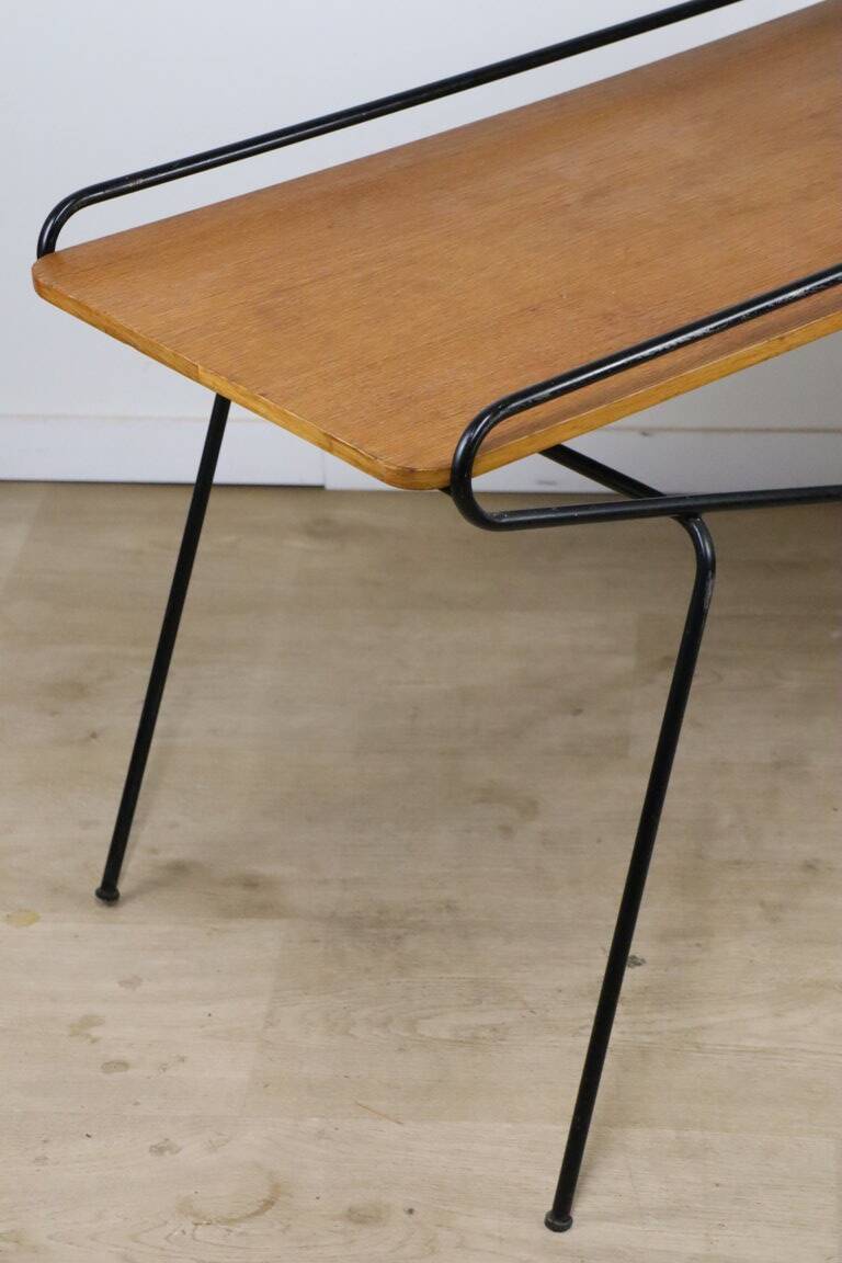 Vintage side coffee table in black lacquered metal and oak, 1950