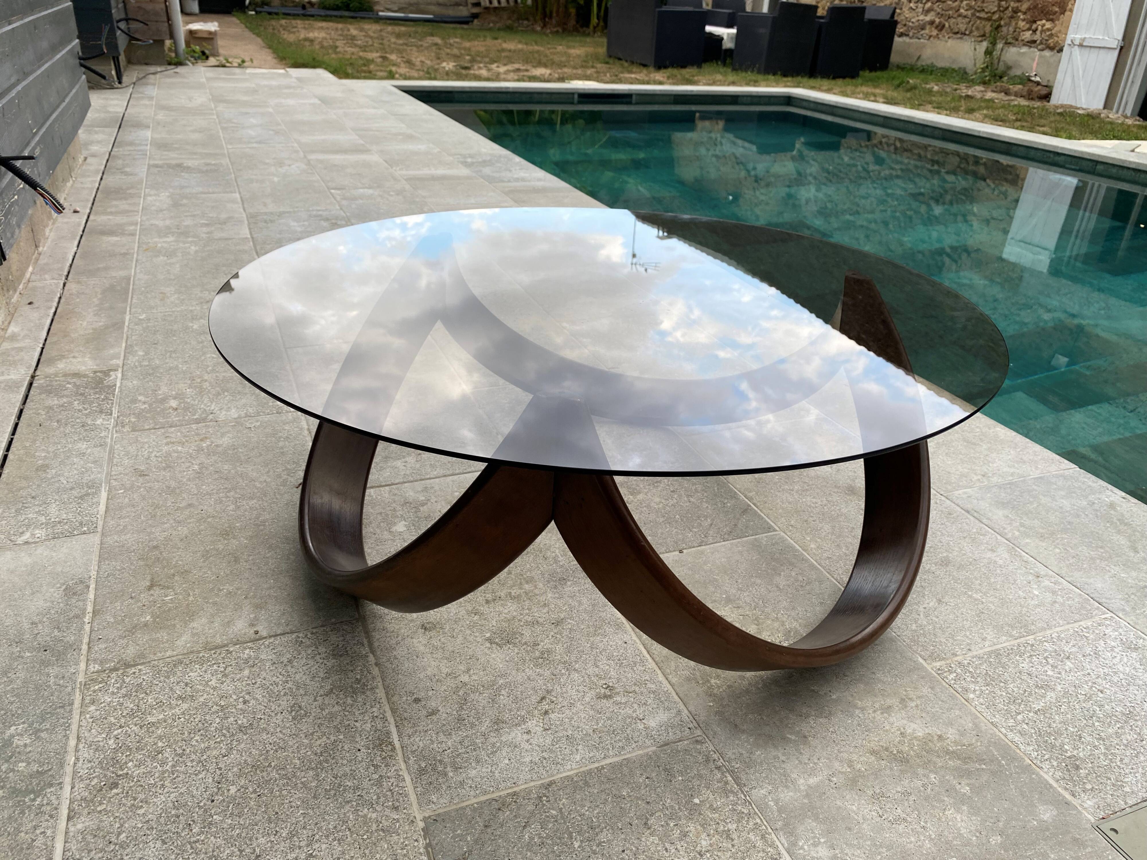 Vintage 1970s organic wood glass round coffee table